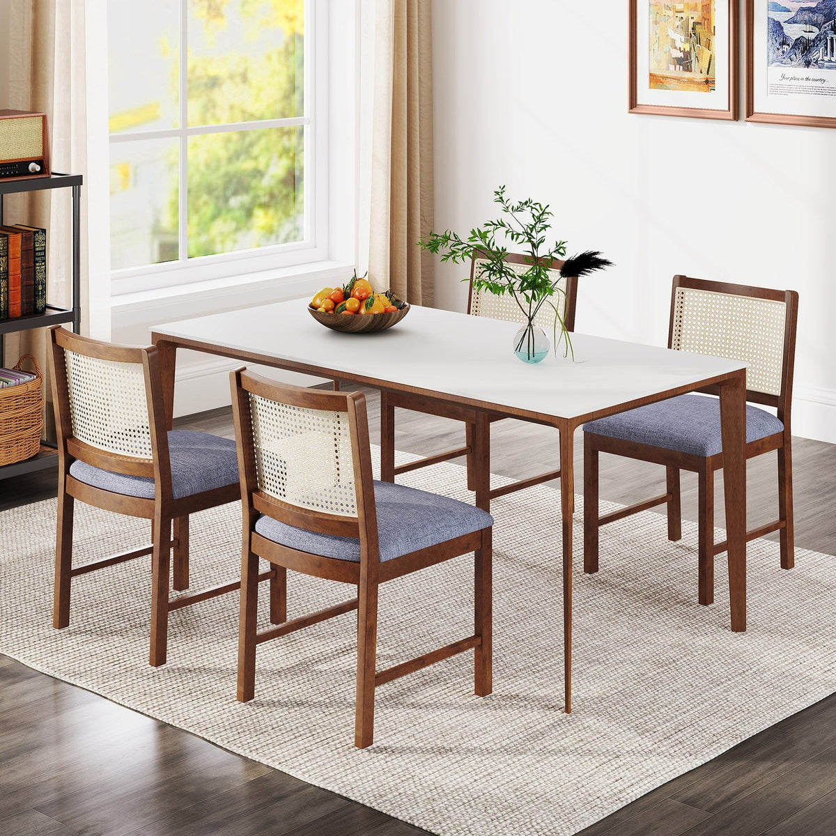 Set of 2 Cane Back Dining Chairs, Walnut Rubber Wood with Blue Grey Linen Padded Seat