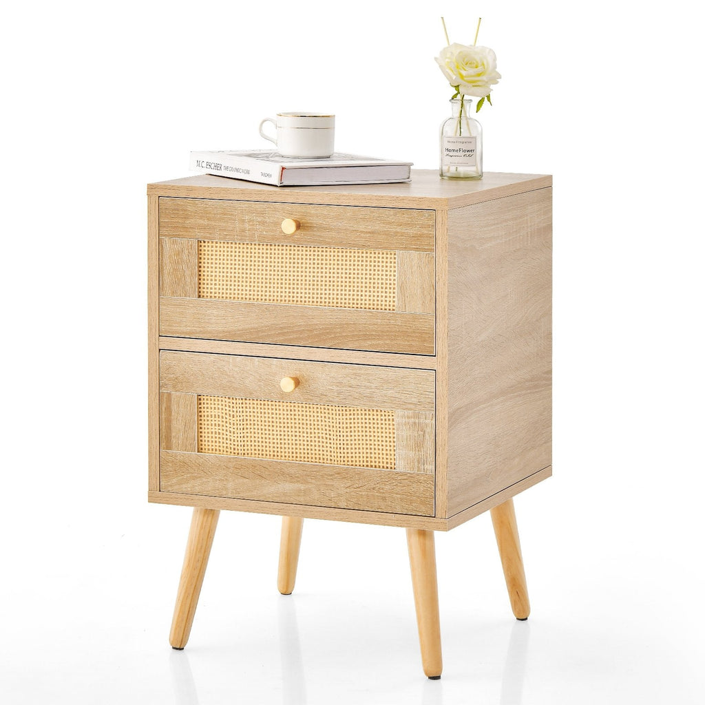 Rattan Nightstand, Boho Accent Bedside Table with 2 Storage Drawers, Natural