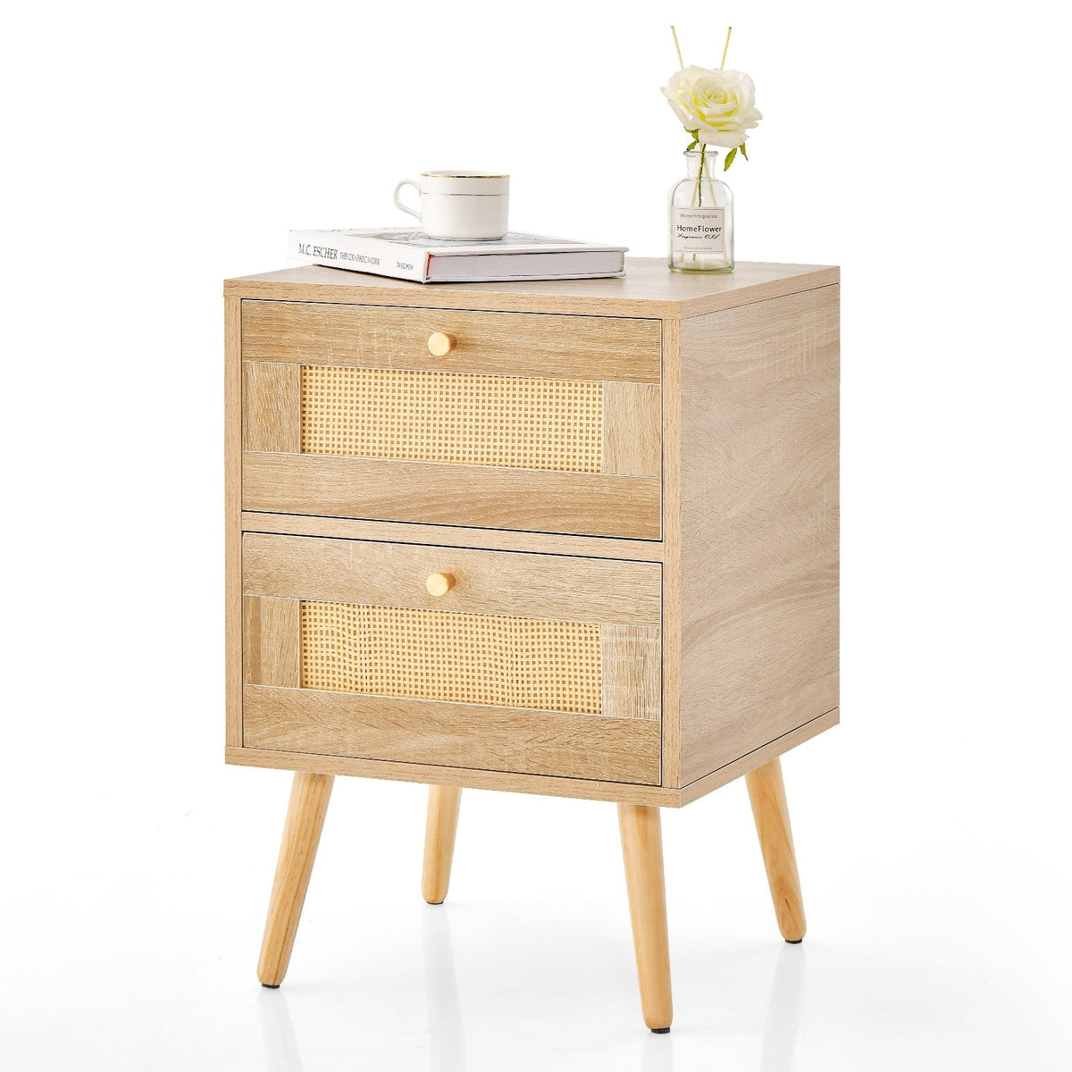 Rattan Nightstand, Boho Accent Bedside Table with 2 Storage Drawers, Natural