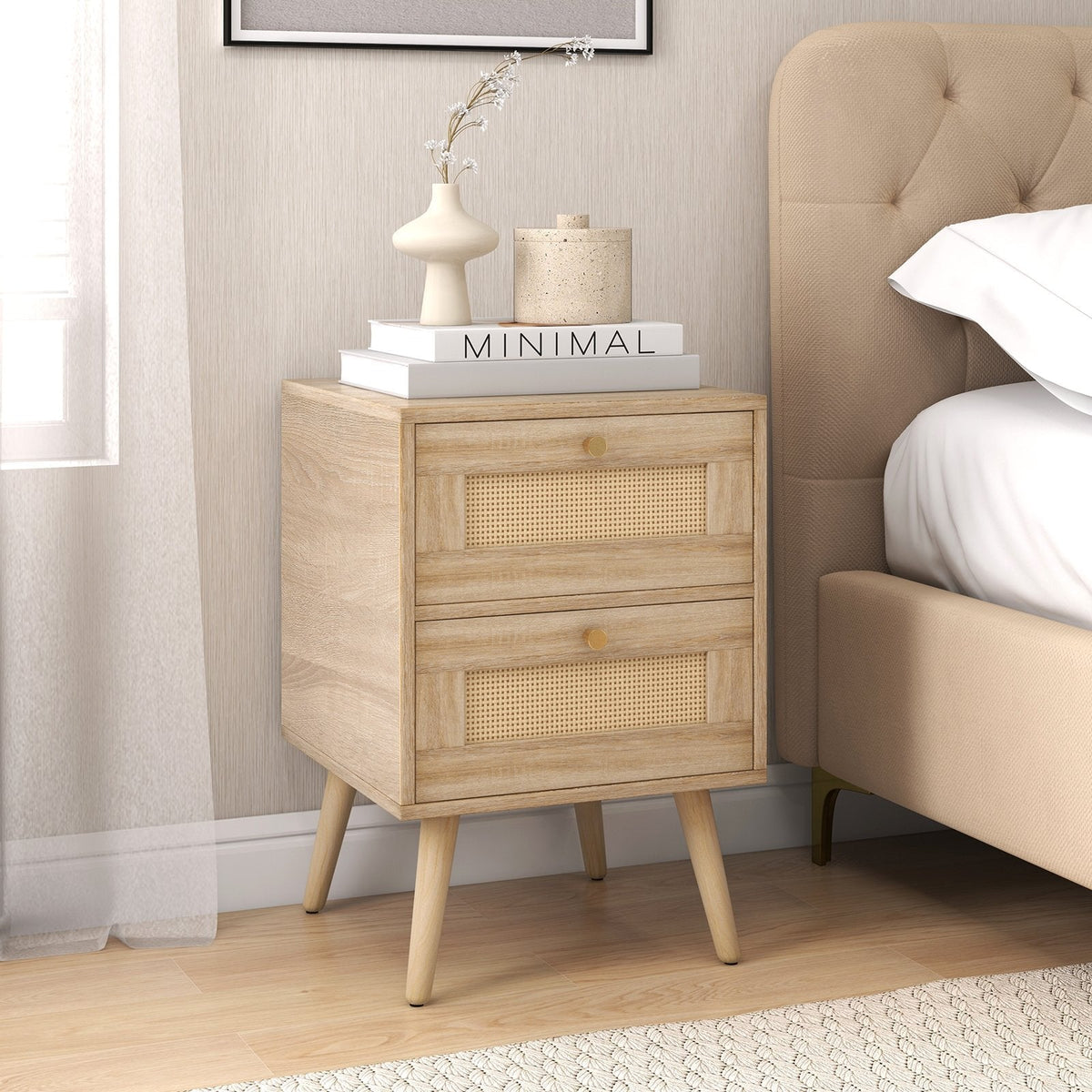 Rattan Nightstand, Boho Accent Bedside Table with 2 Storage Drawers, Natural