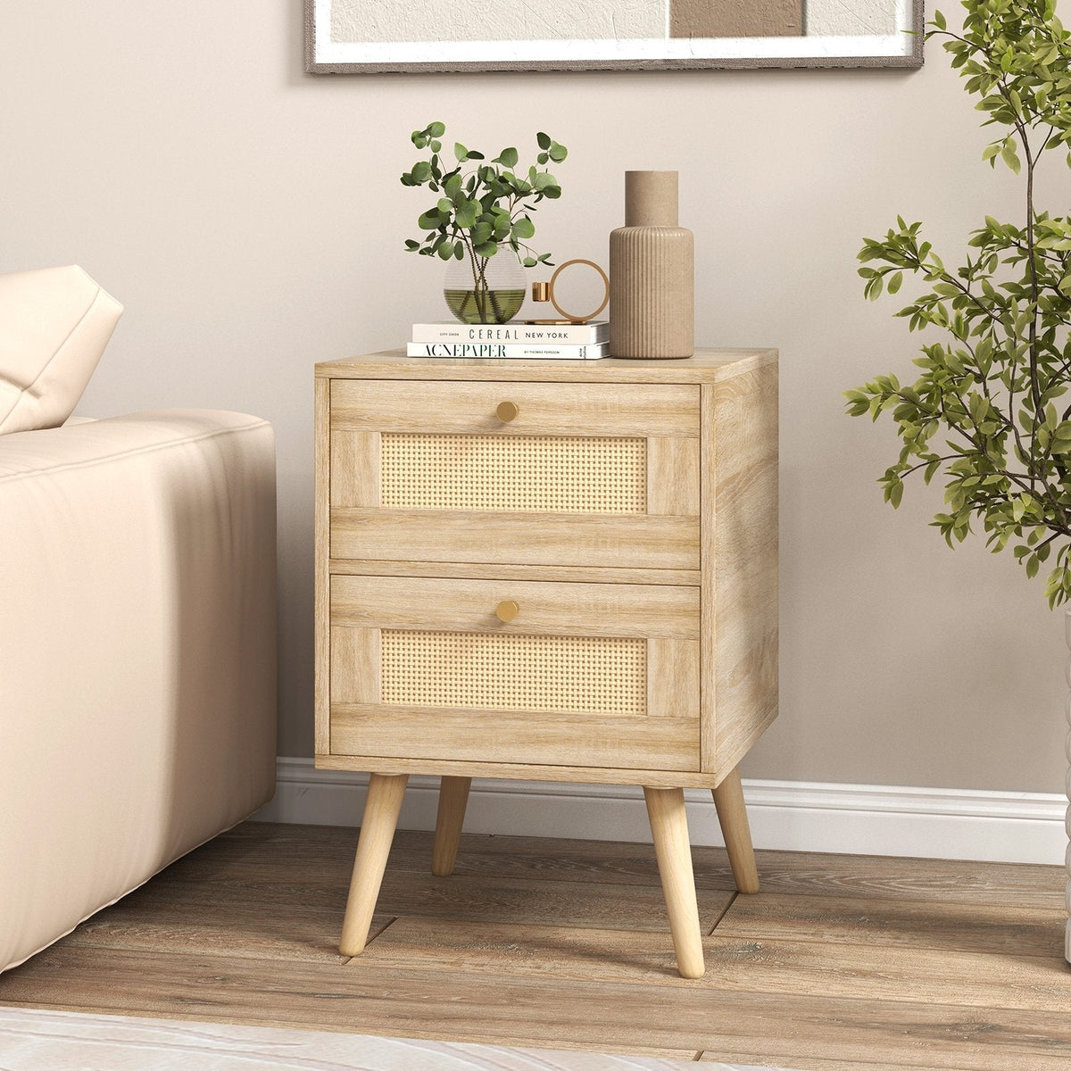 Rattan Nightstand, Boho Accent Bedside Table with 2 Storage Drawers, Natural