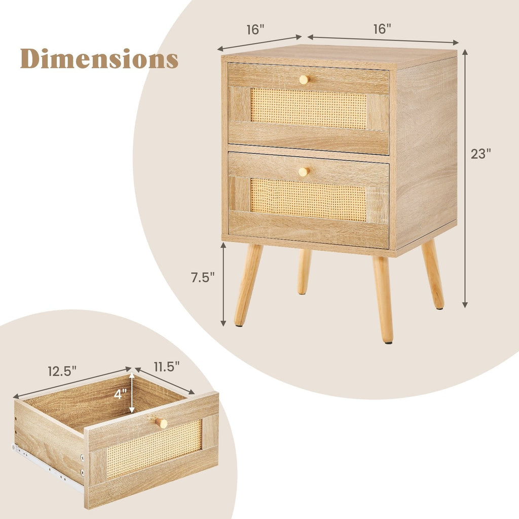 Rattan Nightstand, Boho Accent Bedside Table with 2 Storage Drawers, Natural