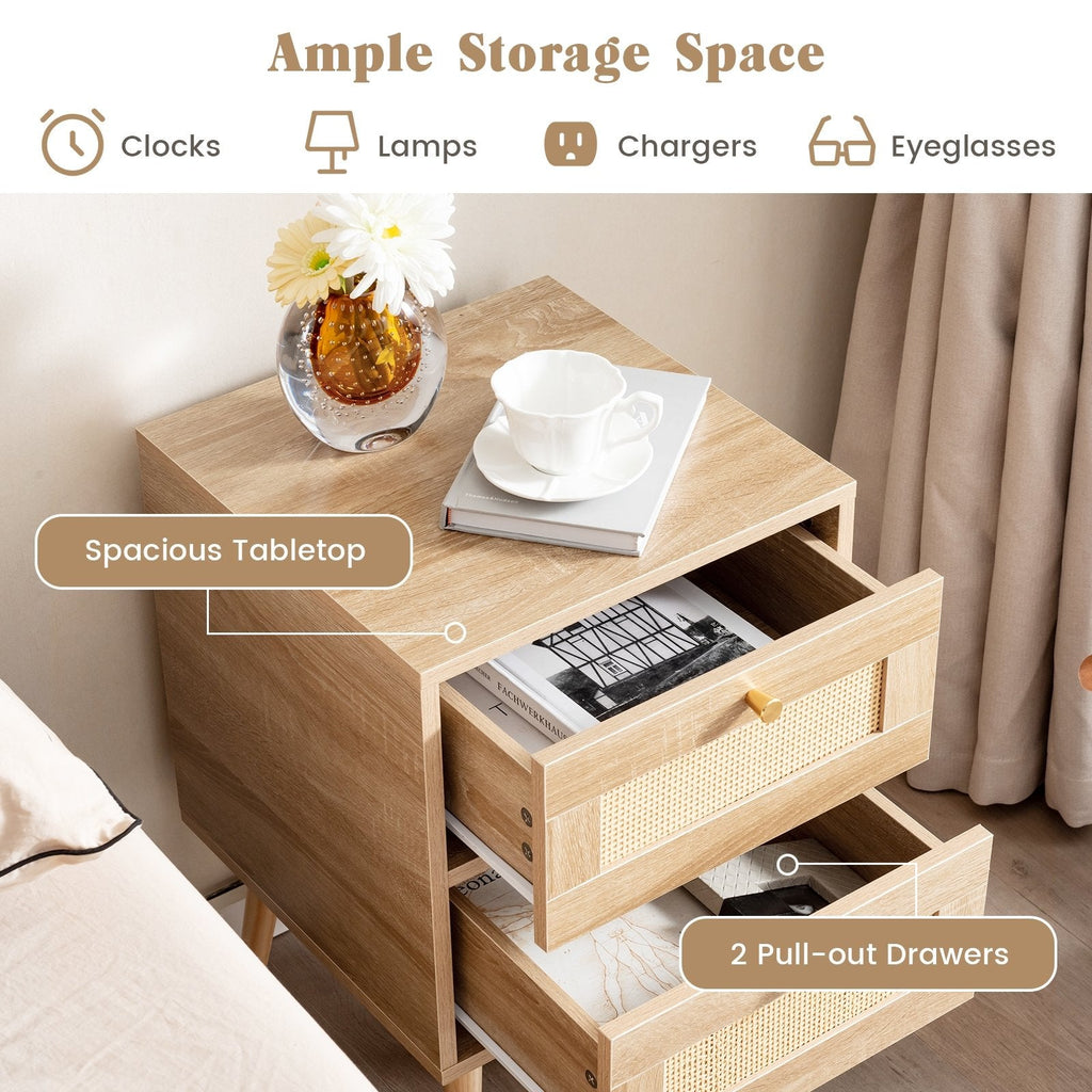 Rattan Nightstand, Boho Accent Bedside Table with 2 Storage Drawers, Natural