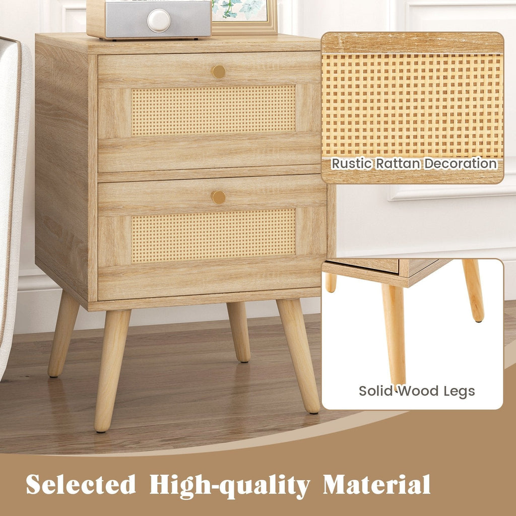 Rattan Nightstand, Boho Accent Bedside Table with 2 Storage Drawers, Natural