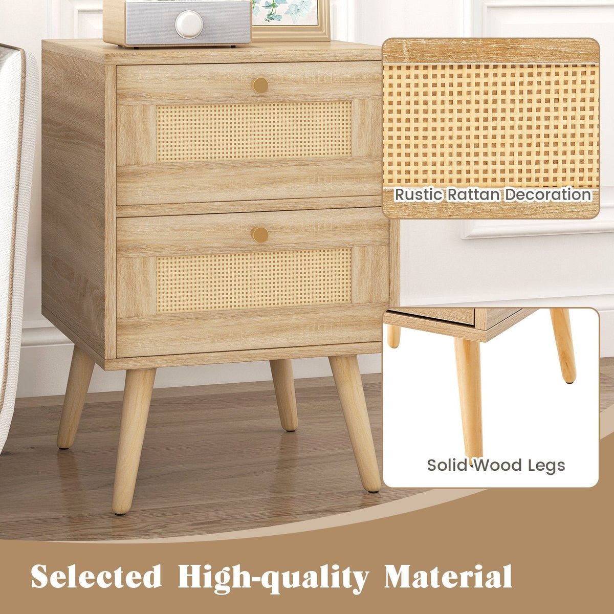 Rattan Nightstand, Boho Accent Bedside Table with 2 Storage Drawers, Natural