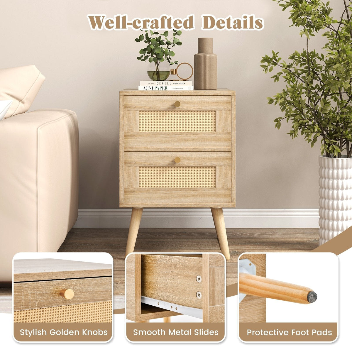 Rattan Nightstand, Boho Accent Bedside Table with 2 Storage Drawers, Natural