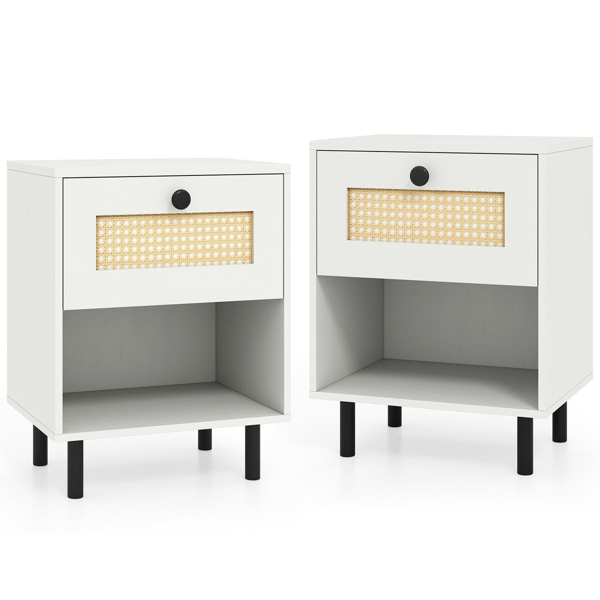 Rattan Nightstand Boho End Table with Rattan Drawer and Open Shelf Set of 2-White