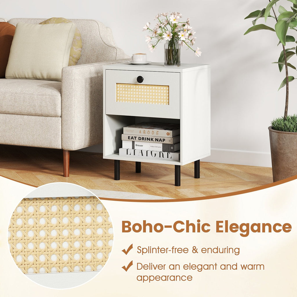 Rattan Nightstand Boho End Table with Rattan Drawer and Open Shelf-White