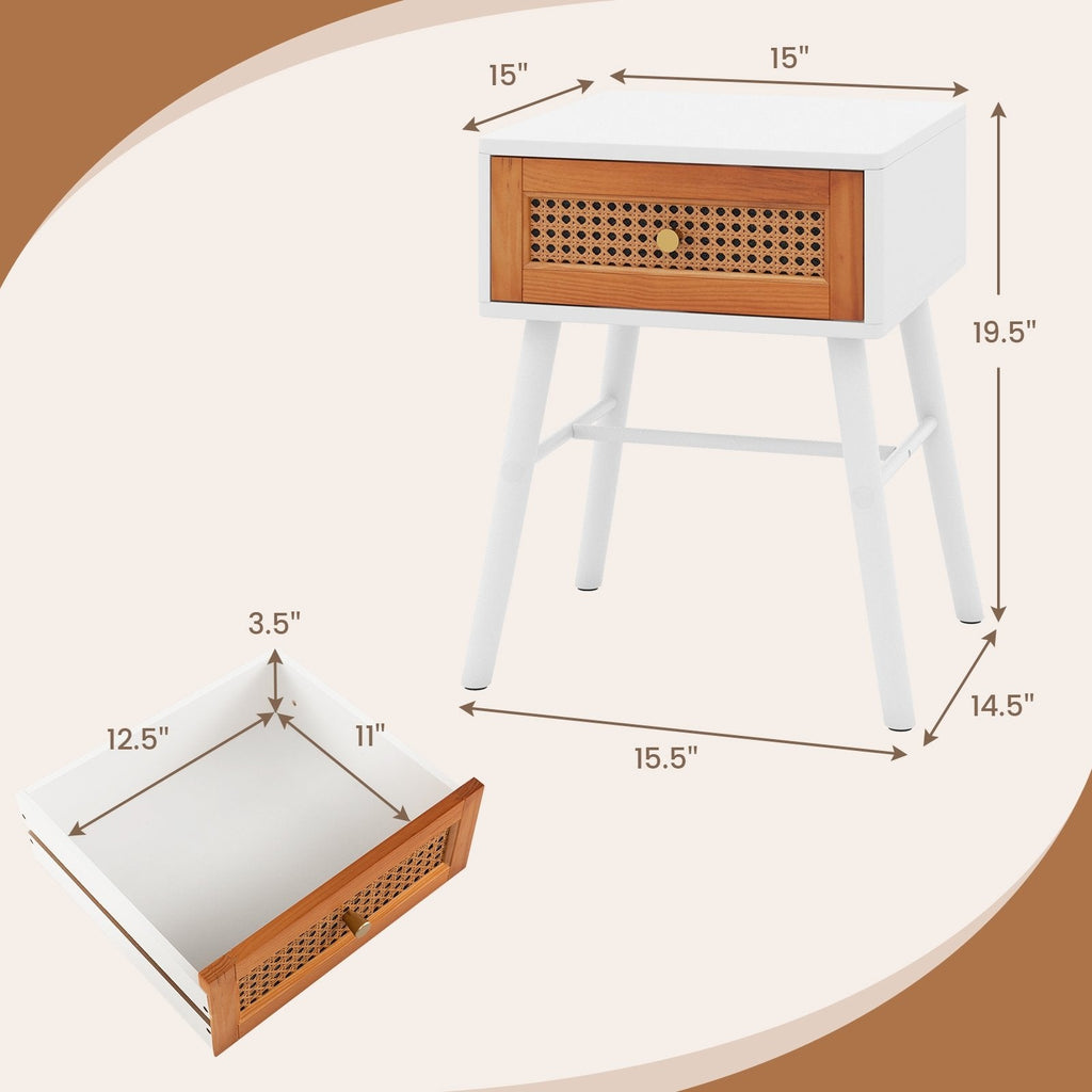 Rattan Front Nightstand, Mid Century Accent Table with Drawer, White