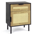 Rattan Nightstand with Drawer and Storage Cabinet for Bedroom Dorm-Black