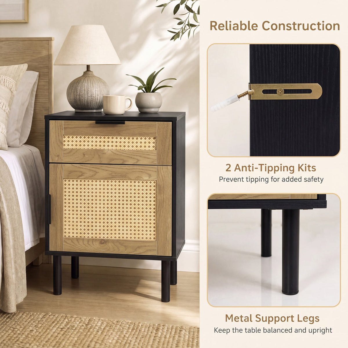 Rattan Nightstand with Drawer and Storage Cabinet for Bedroom Dorm-Black