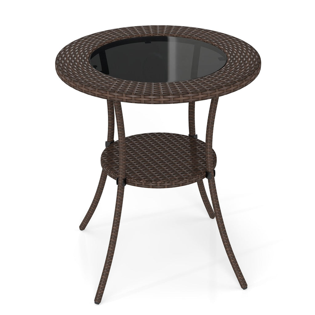 PE Wicker Patio Bistro Table Round with Tempered Glass Top and Shelf