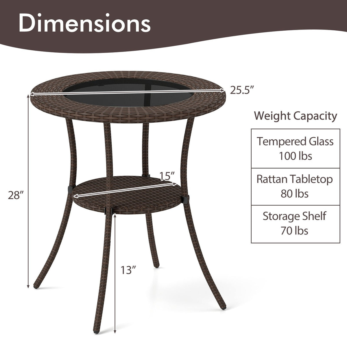 PE Wicker Patio Bistro Table Round with Tempered Glass Top and Shelf