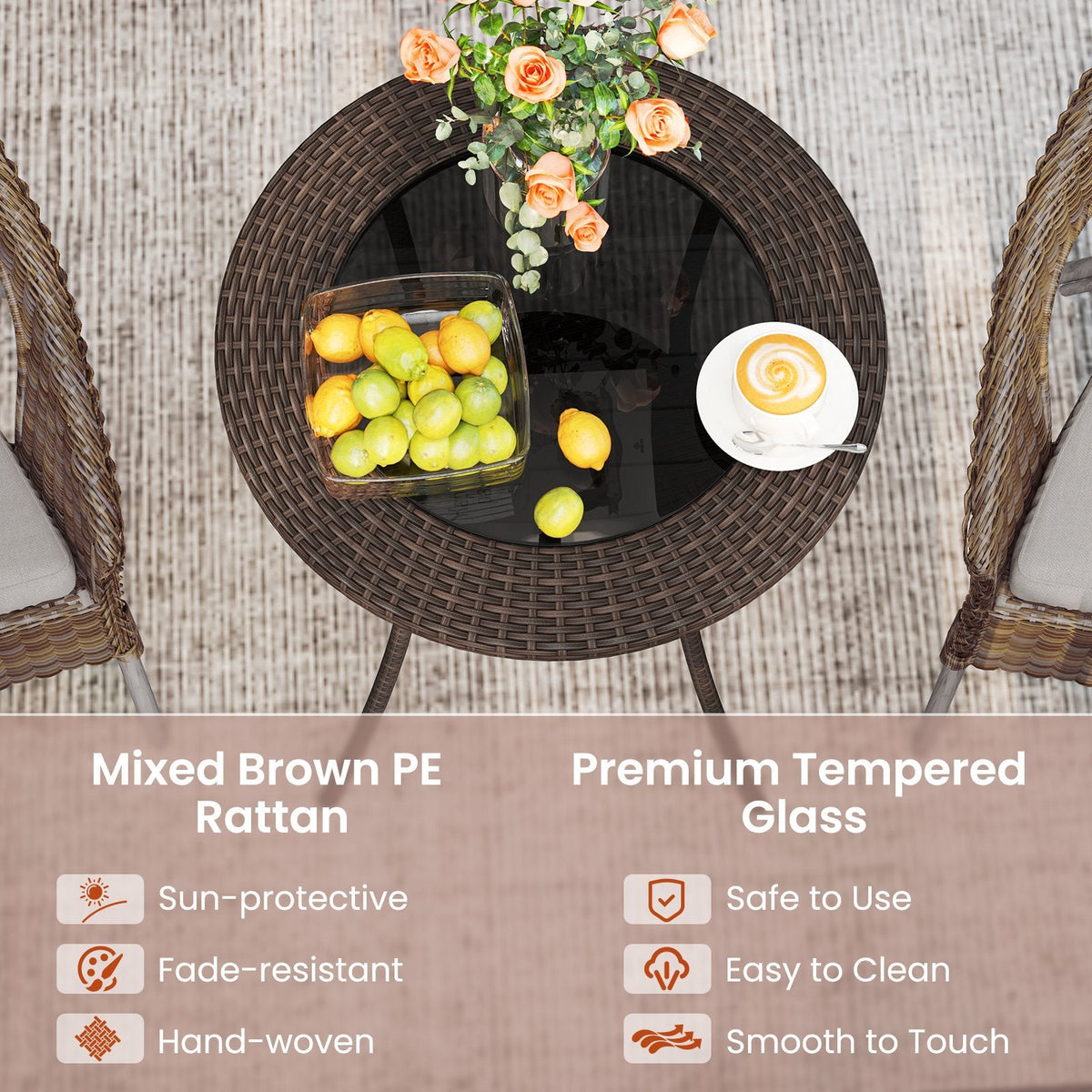 PE Wicker Patio Bistro Table Round with Tempered Glass Top and Shelf