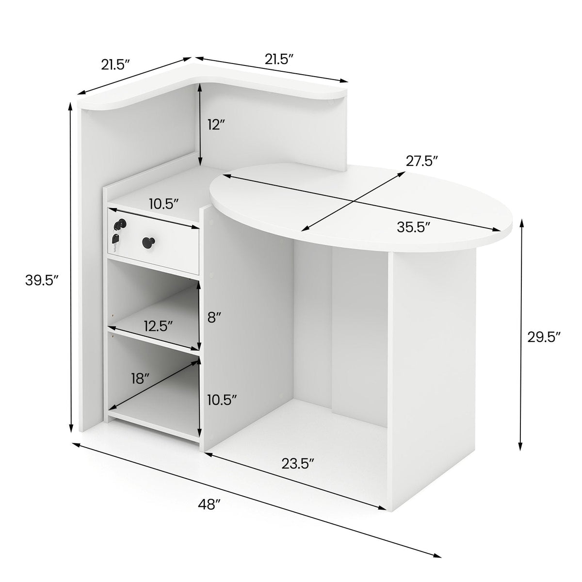 Reception Office Desk with Open Shelf and Lockable Drawer-White