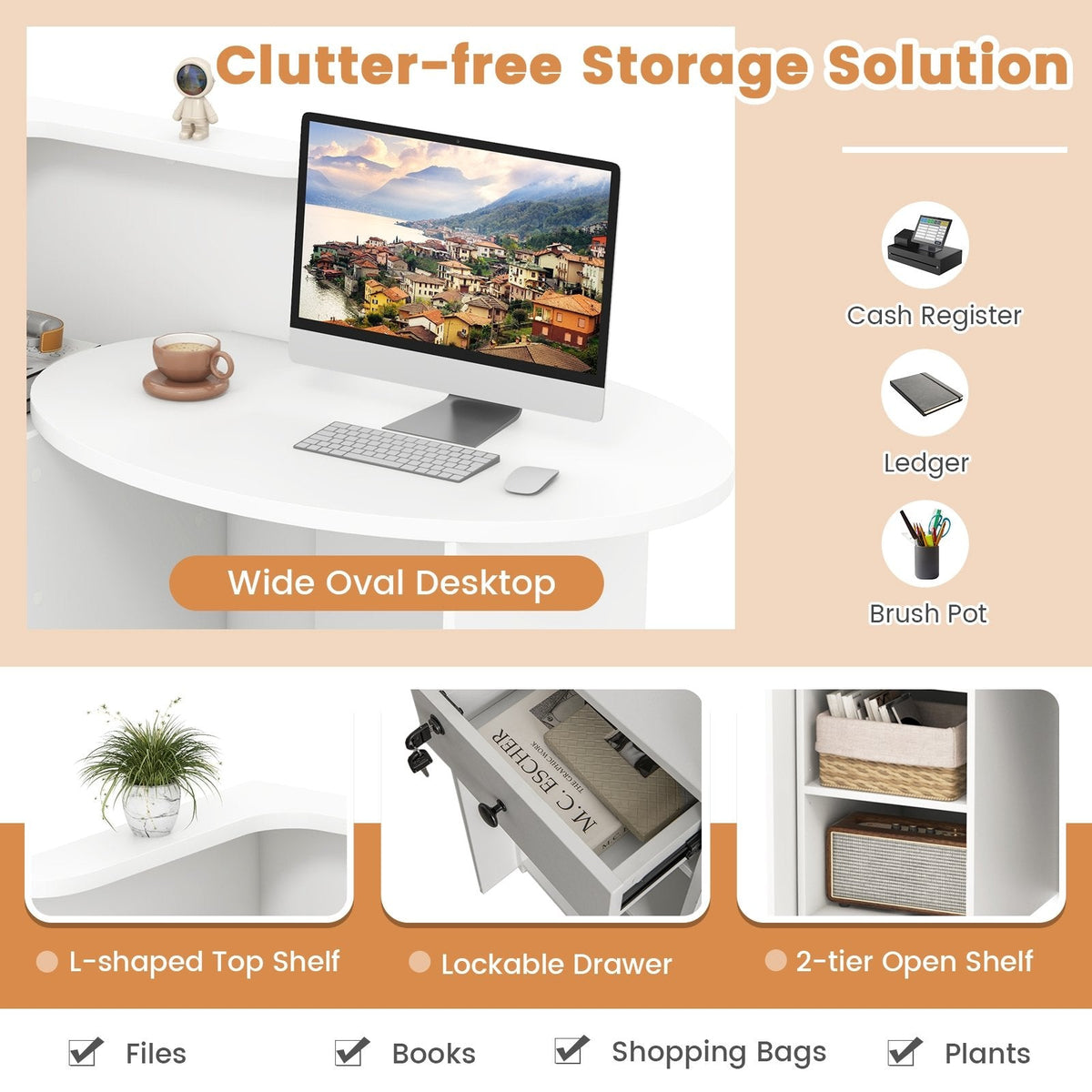 Reception Office Desk with Open Shelf and Lockable Drawer-White