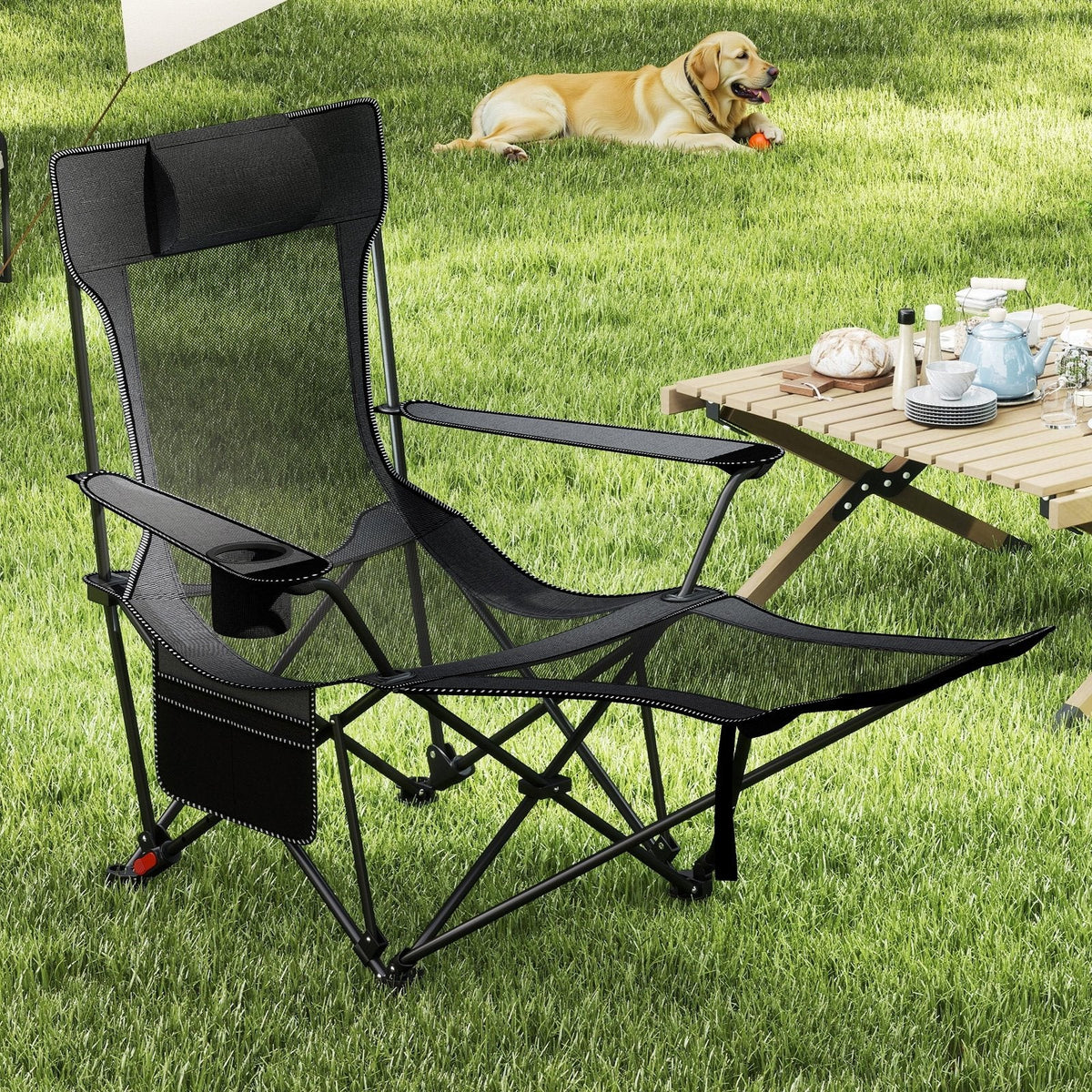 Reclining Camping Chair with Removable Footrest and Adjustable Backrest-Gray