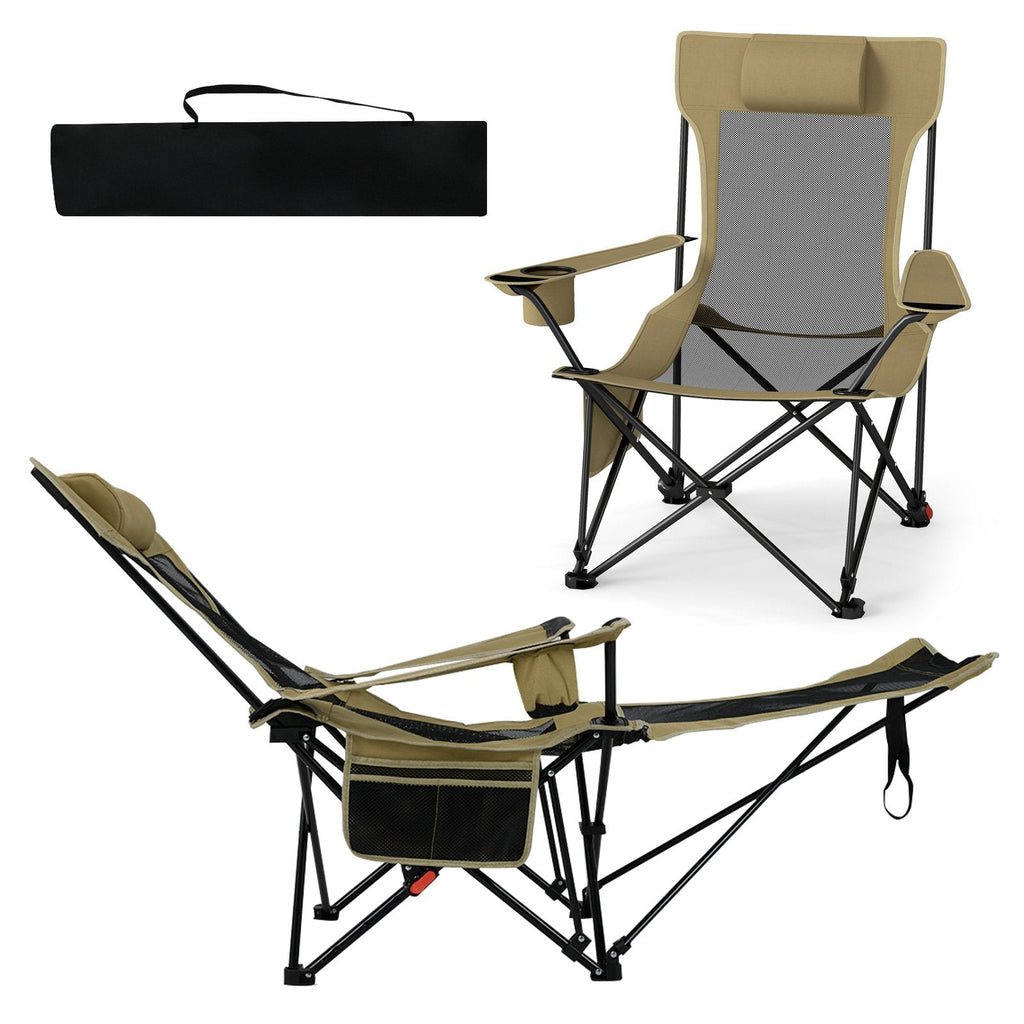 Reclining Camping Chair with Removable Footrest and Adjustable Backrest-Green