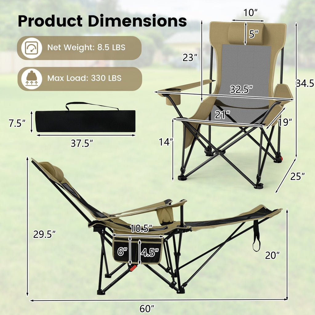 Reclining Camping Chair with Removable Footrest and Adjustable Backrest-Green