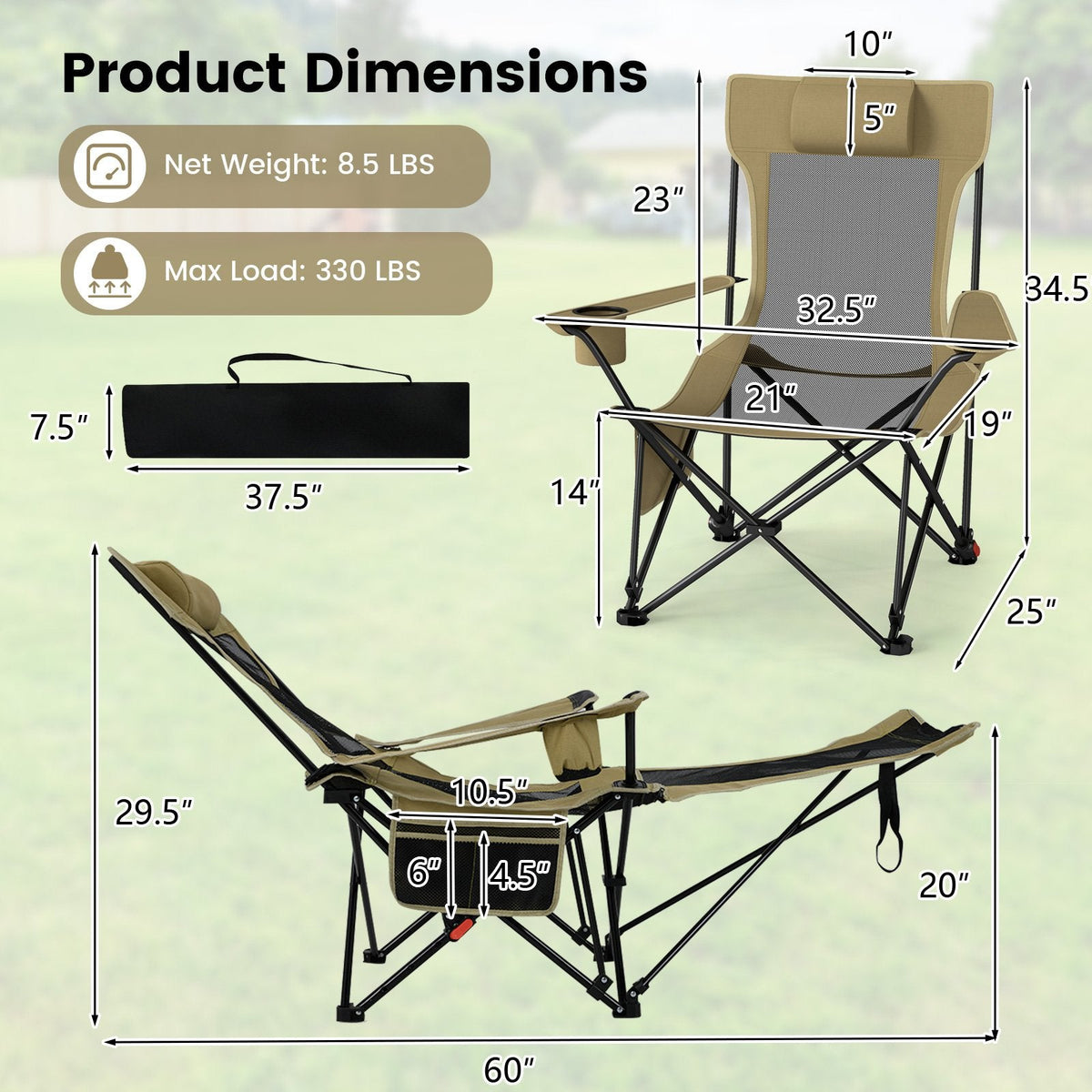 Reclining Camping Chair with Removable Footrest and Adjustable Backrest-Green