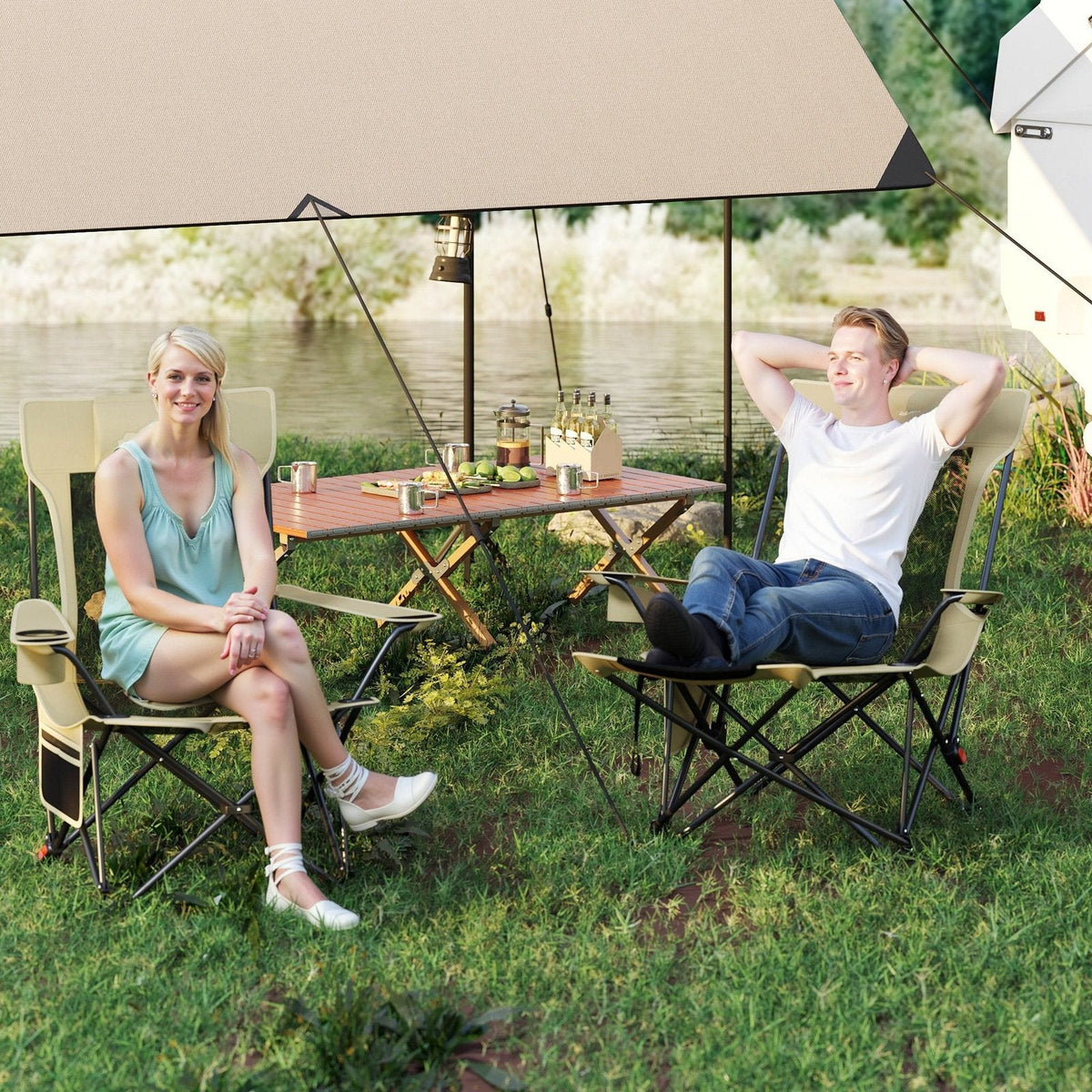 Reclining Camping Chair with Removable Footrest and Adjustable Backrest-Green