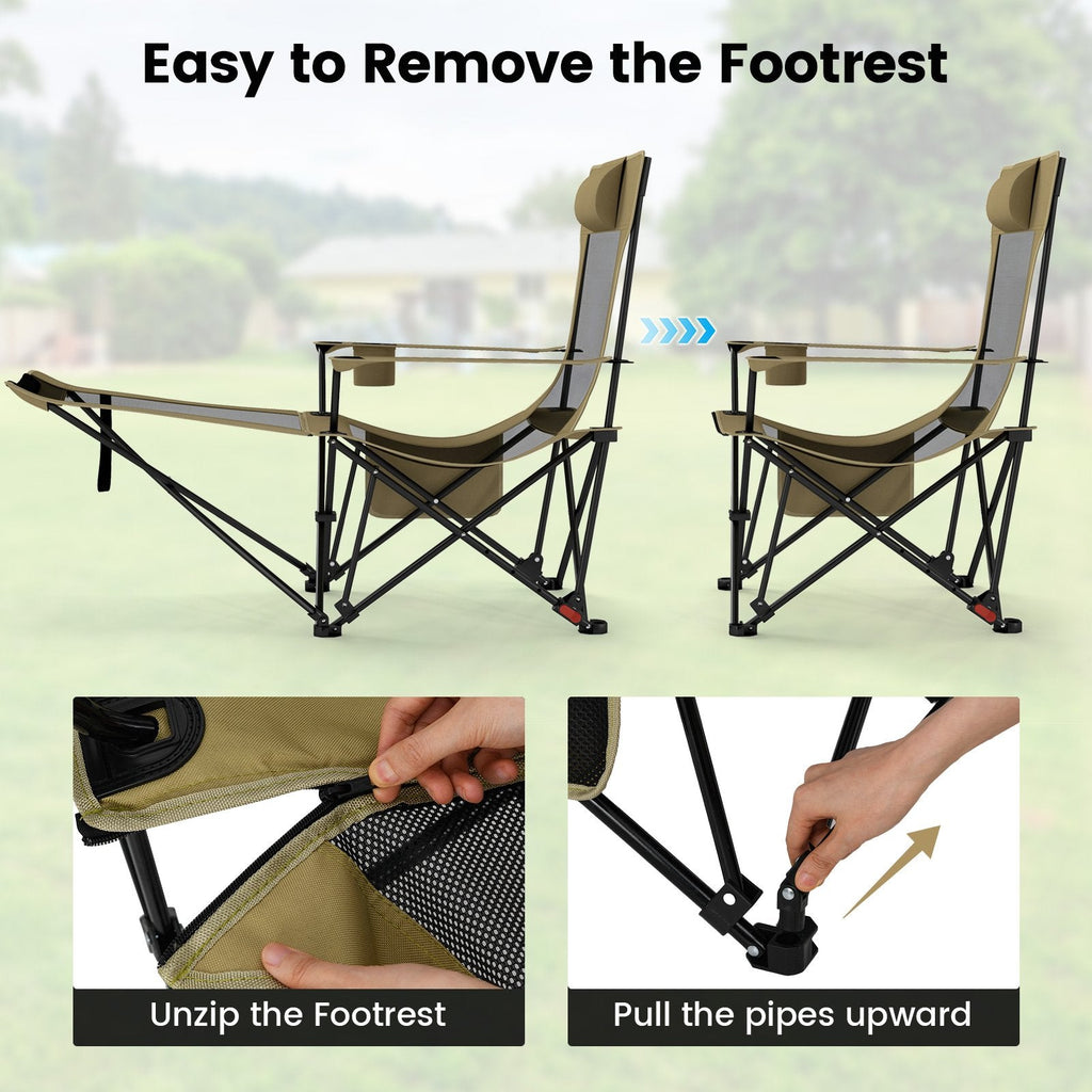 Reclining Camping Chair with Removable Footrest and Adjustable Backrest-Green