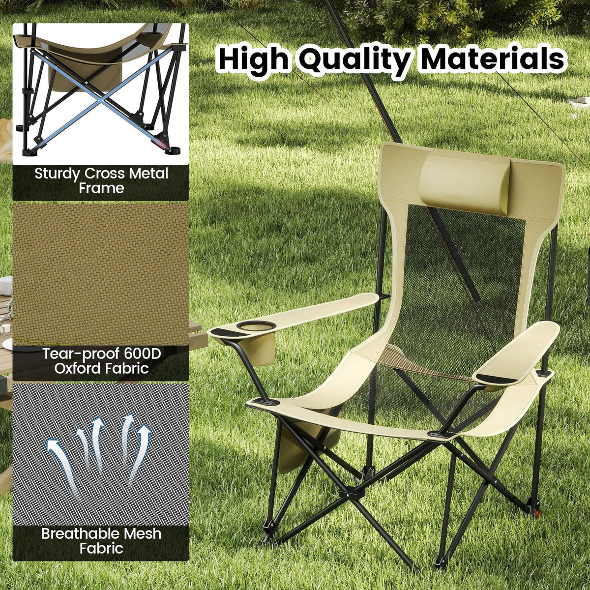 Reclining Camping Chair with Removable Footrest and Adjustable Backrest-Green