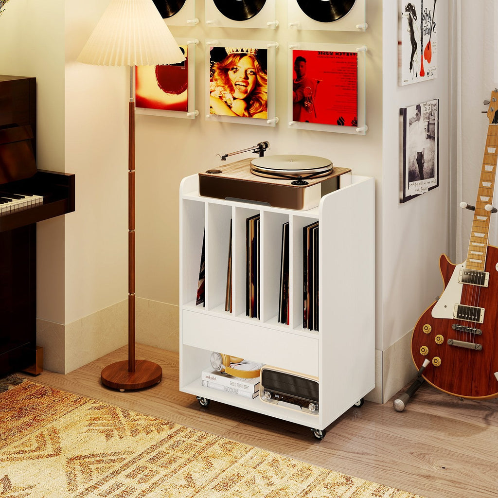 Record Player Stand Turntable Stand with Drawer and Record Holder-White