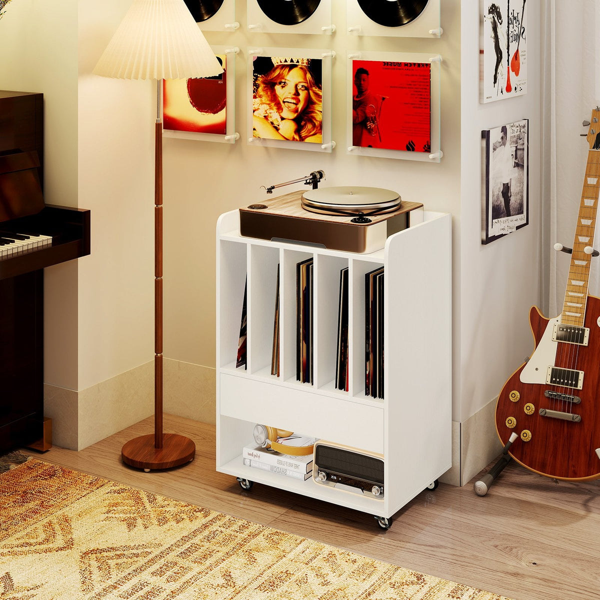Record Player Stand Turntable Stand with Drawer and Record Holder-White