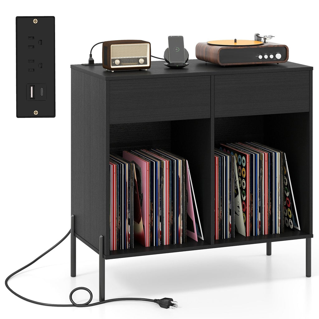 Record Player Stand with Power Outlets Double Wide Turntable Stand Vinyl Record Storage Table-Black