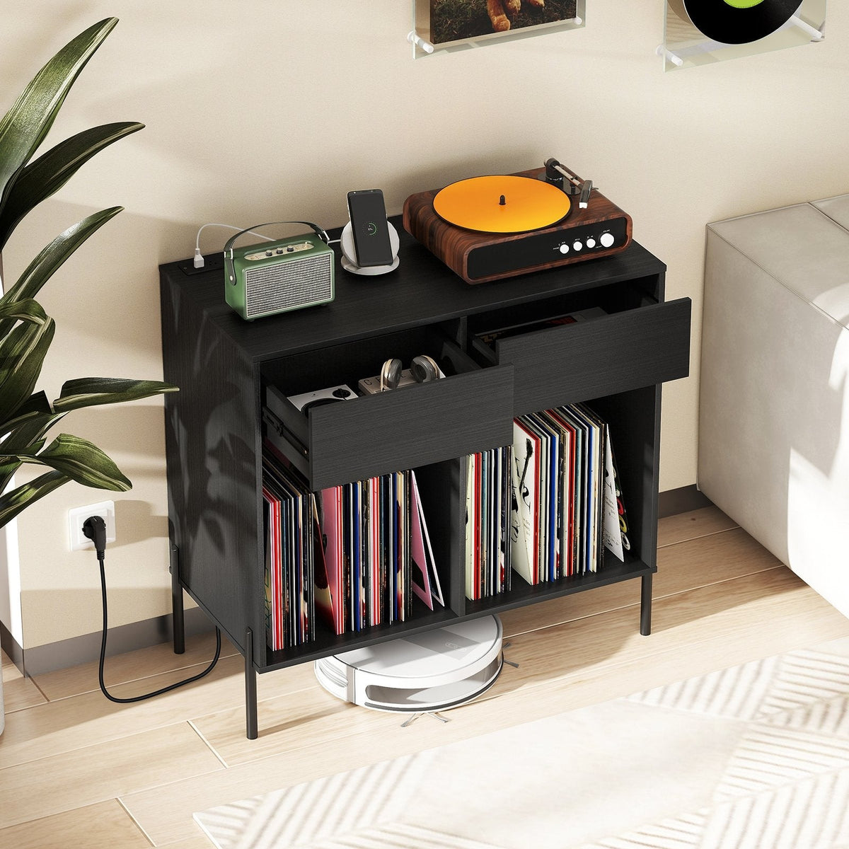 Record Player Stand with Power Outlets Double Wide Turntable Stand Vinyl Record Storage Table-Black
