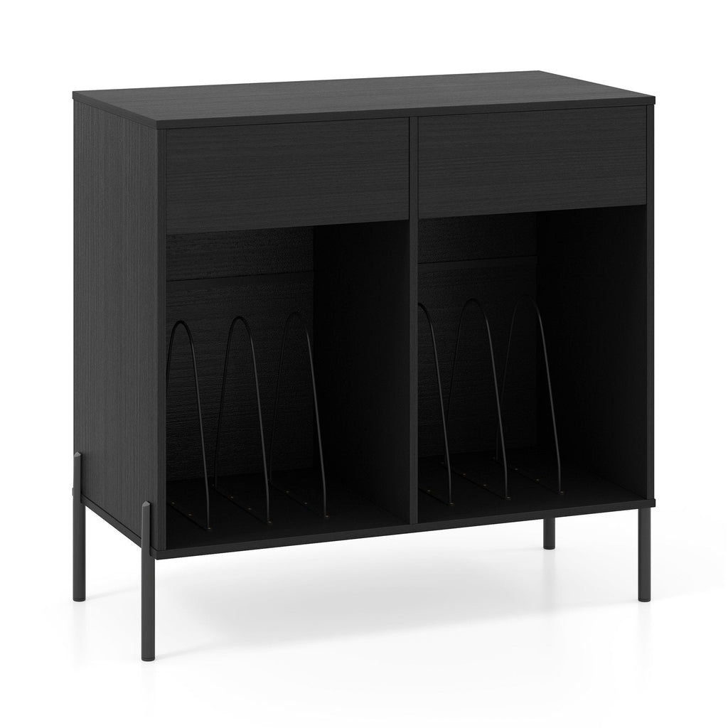Record Player Stand with Power Outlets Double Wide Turntable Stand Vinyl Record Storage Table-Black