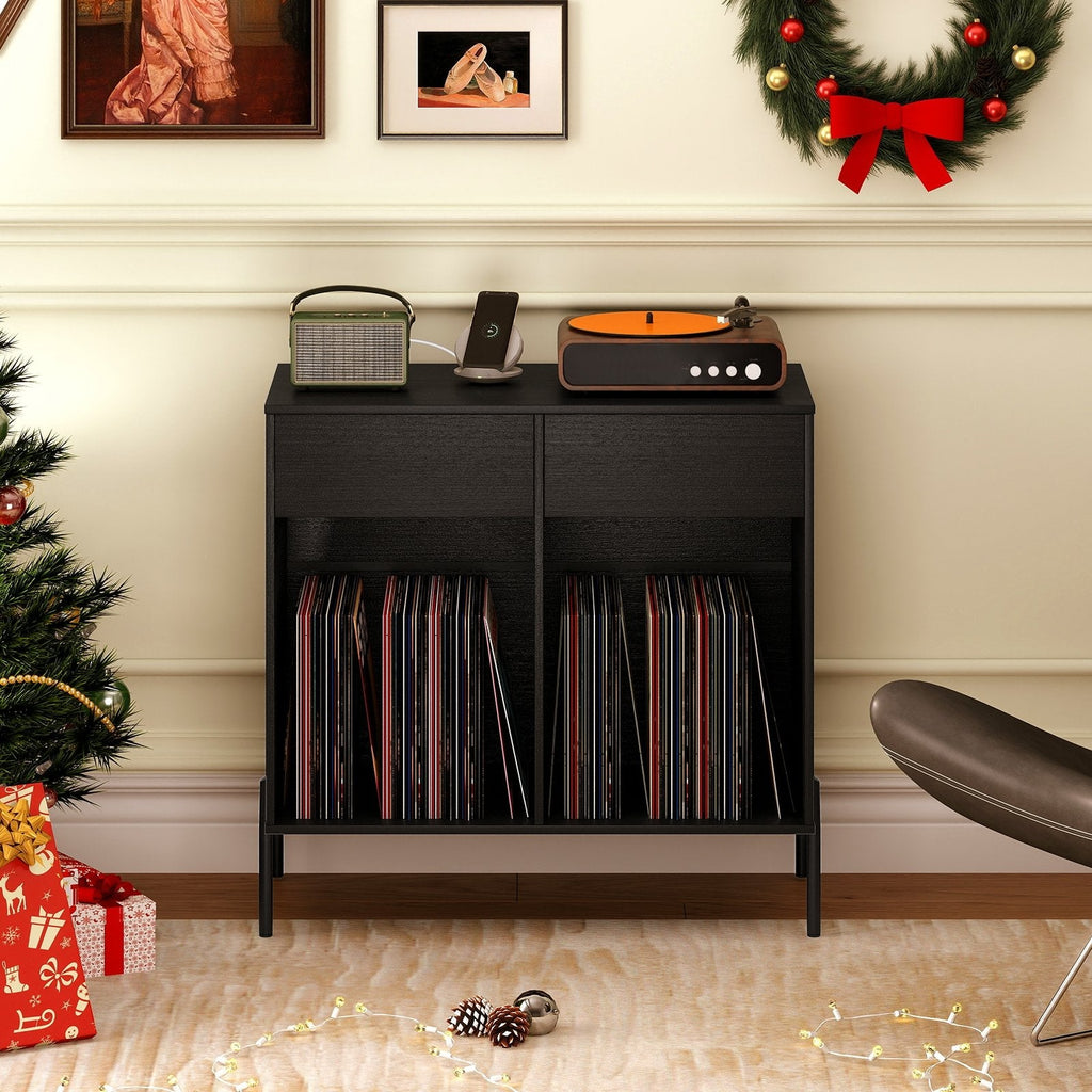 Record Player Stand with Power Outlets Double Wide Turntable Stand Vinyl Record Storage Table-Black