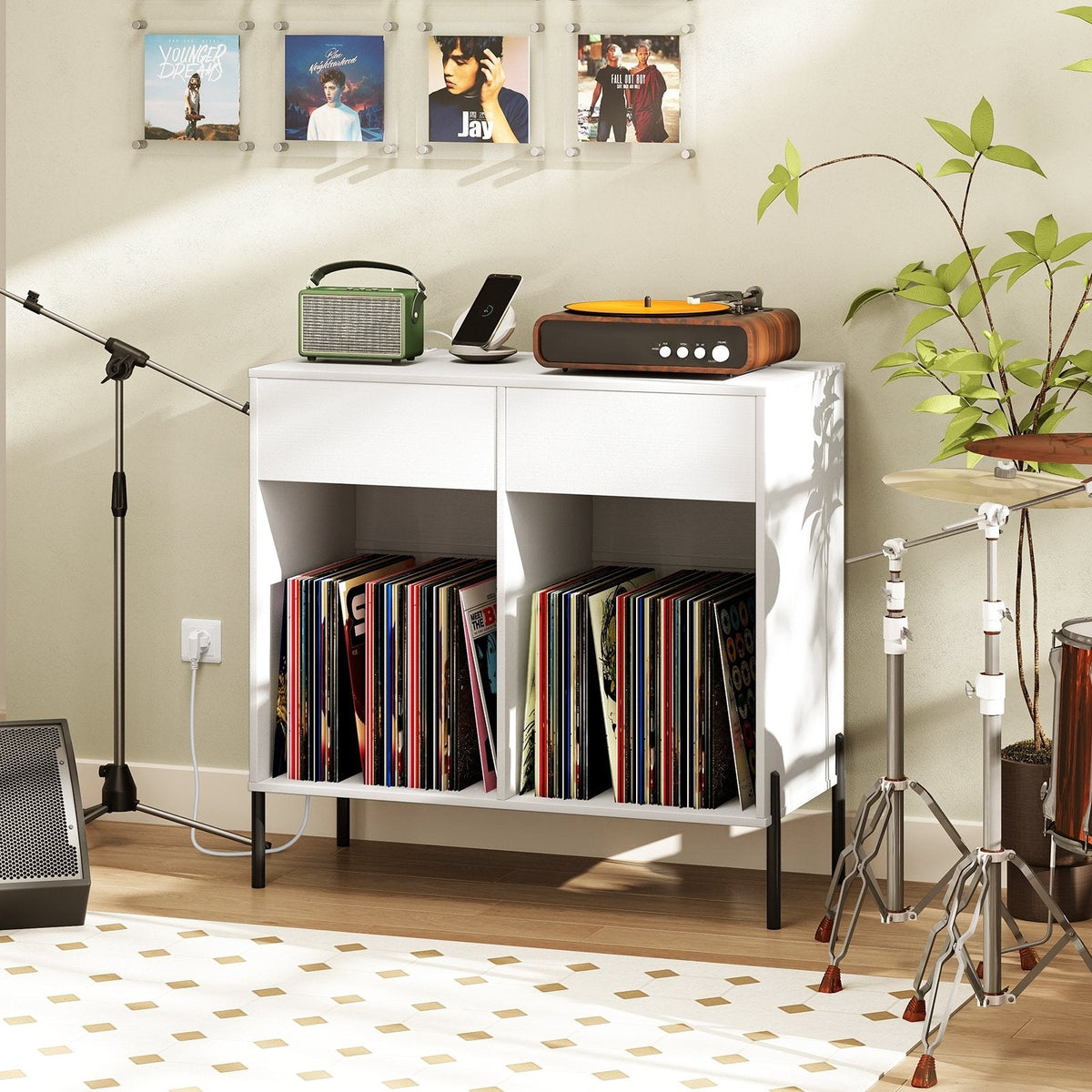 Record Player Stand with Power Outlets Double Wide Turntable Stand Vinyl Record Storage Table-White