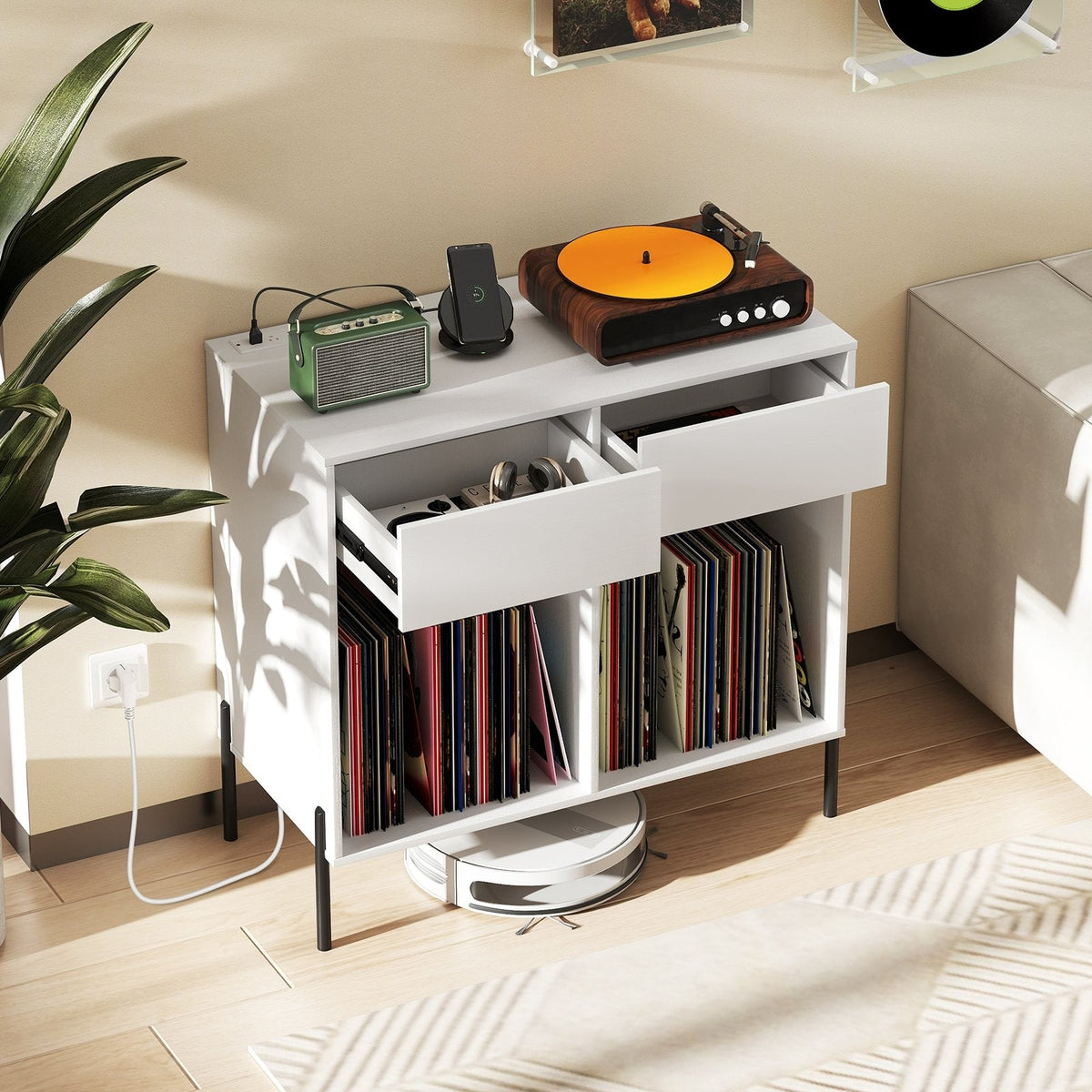 Record Player Stand with Power Outlets Double Wide Turntable Stand Vinyl Record Storage Table-White