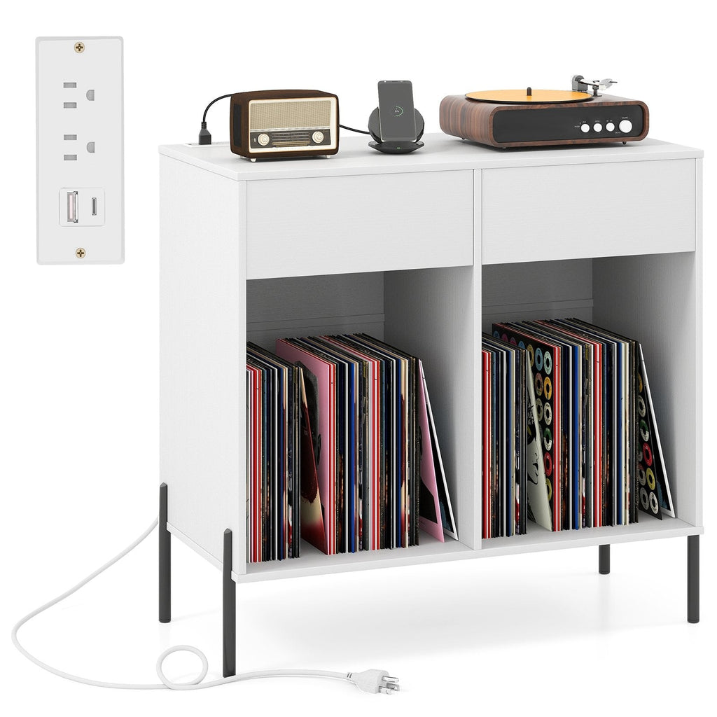 Record Player Stand with Power Outlets Double Wide Turntable Stand Vinyl Record Storage Table-White