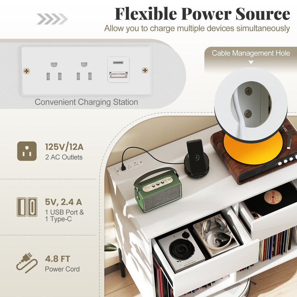 Record Player Stand with Power Outlets Double Wide Turntable Stand Vinyl Record Storage Table-White
