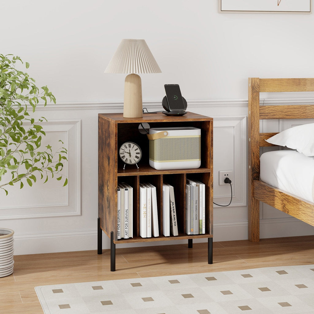 Record Player Stand with Record Storage Shelf and Charging Station-Coffee
