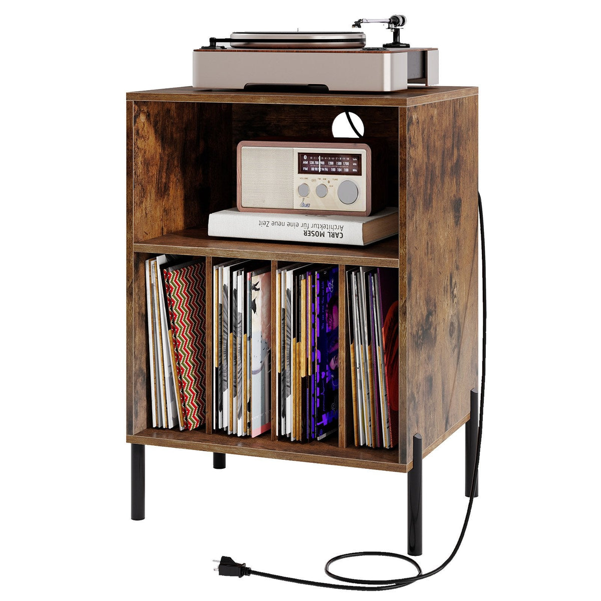 Record Player Stand with Record Storage Shelf and Charging Station-Coffee