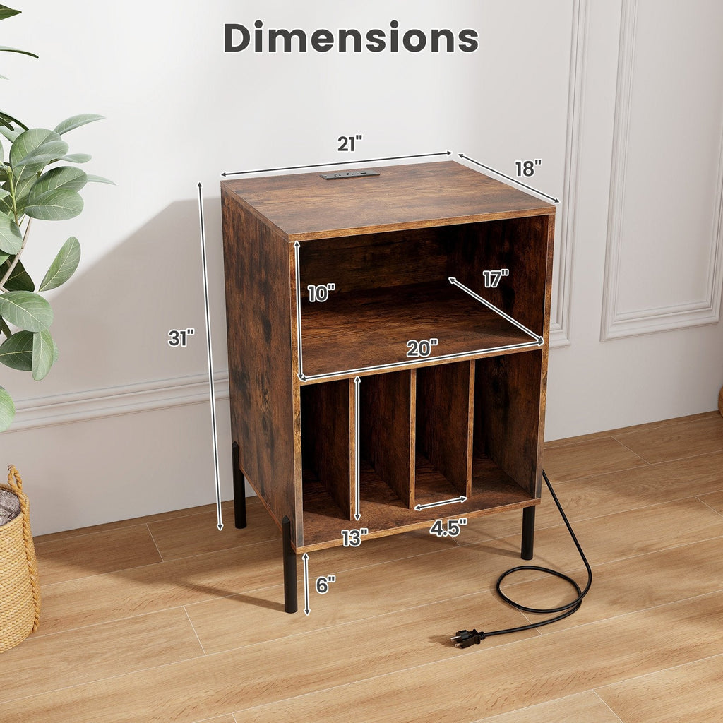 Record Player Stand with Record Storage Shelf and Charging Station-Coffee