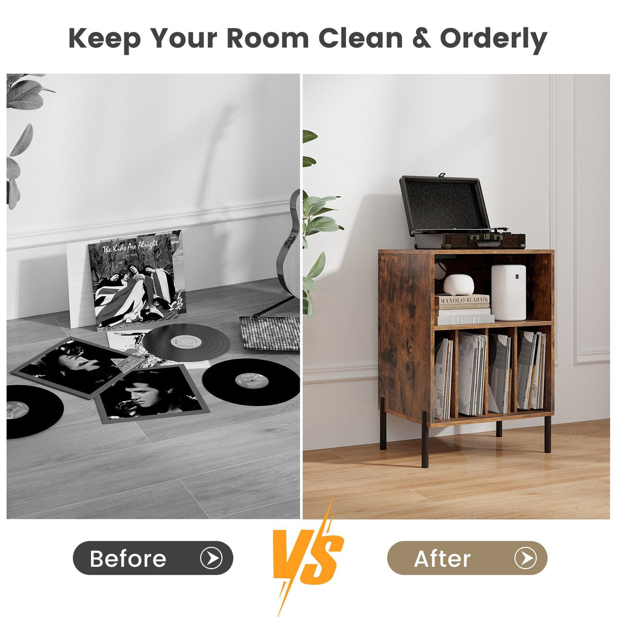Record Player Stand with Record Storage Shelf and Charging Station-Coffee
