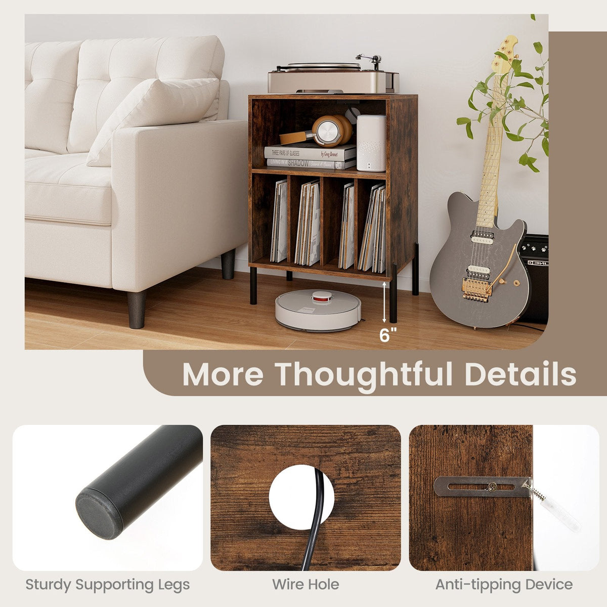 Record Player Stand with Record Storage Shelf and Charging Station-Coffee