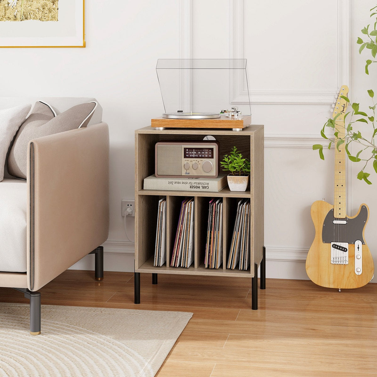 Record Player Stand with Vinyl Storage and Charging Station, Natural