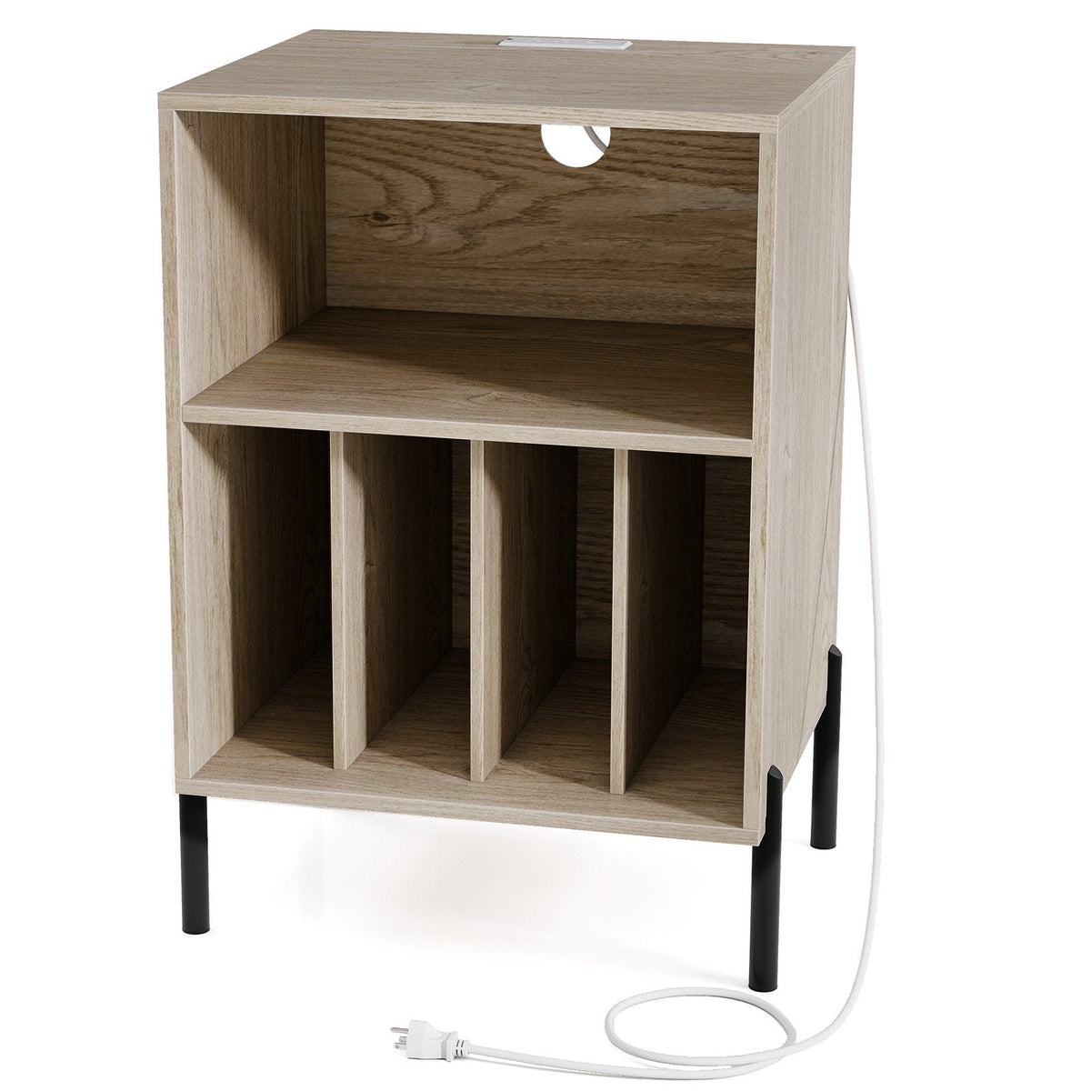 Record Player Stand with Vinyl Storage and Charging Station, Natural
