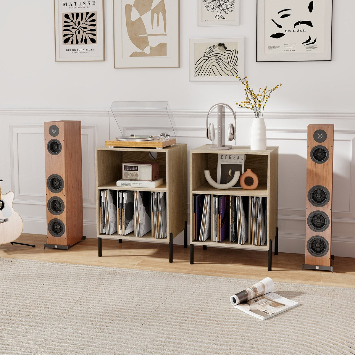 Record Player Stand with Vinyl Storage and Charging Station, Natural