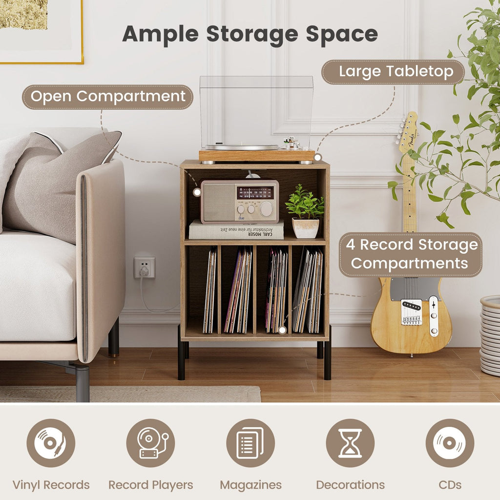 Record Player Stand with Vinyl Storage and Charging Station, Natural