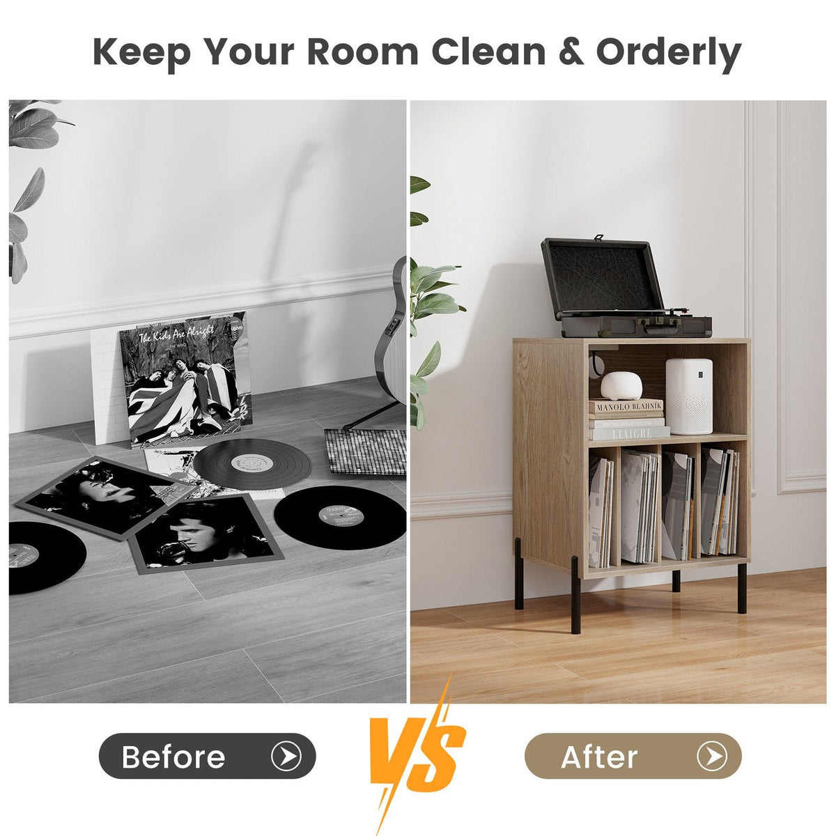 Record Player Stand with Vinyl Storage and Charging Station, Natural