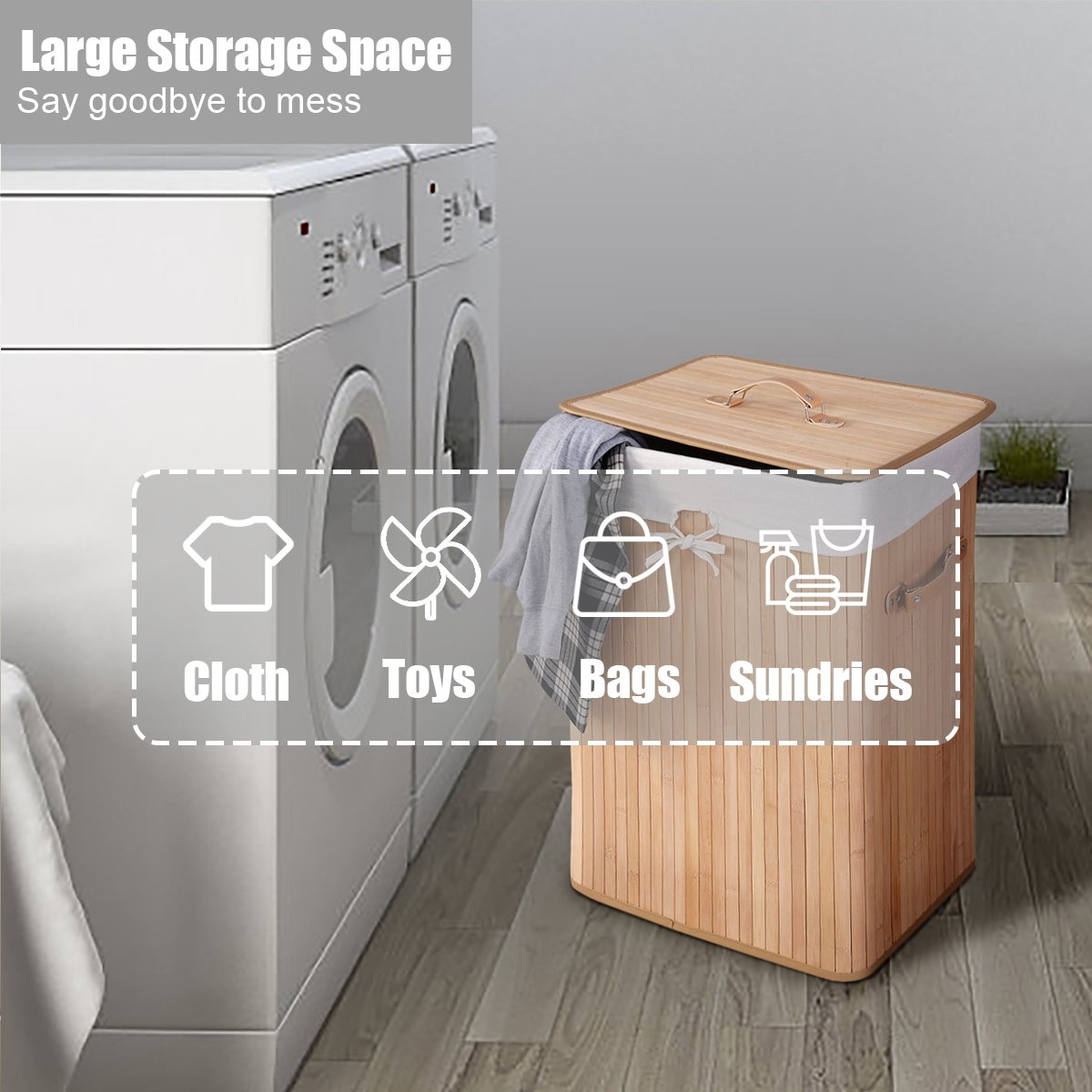 Rectangle Bamboo Hamper Laundry Basket Washing Cloth Bin Storage Bag Lid 3 color-Natural
