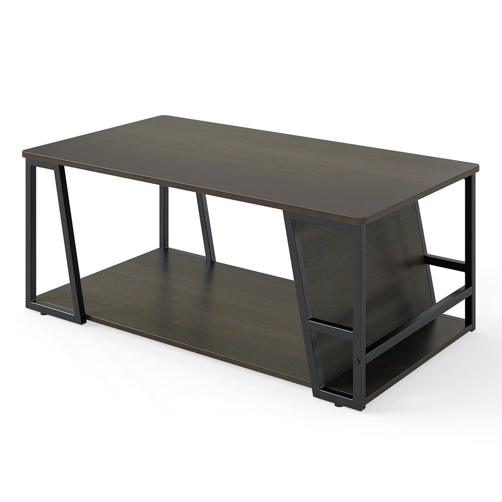 Rectangle Coffee Table 2-tier Industrial Accent Table with Storage Shelf and Compartment-Brown