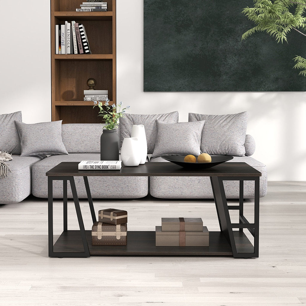 Rectangle Coffee Table 2-tier Industrial Accent Table with Storage Shelf and Compartment-Brown
